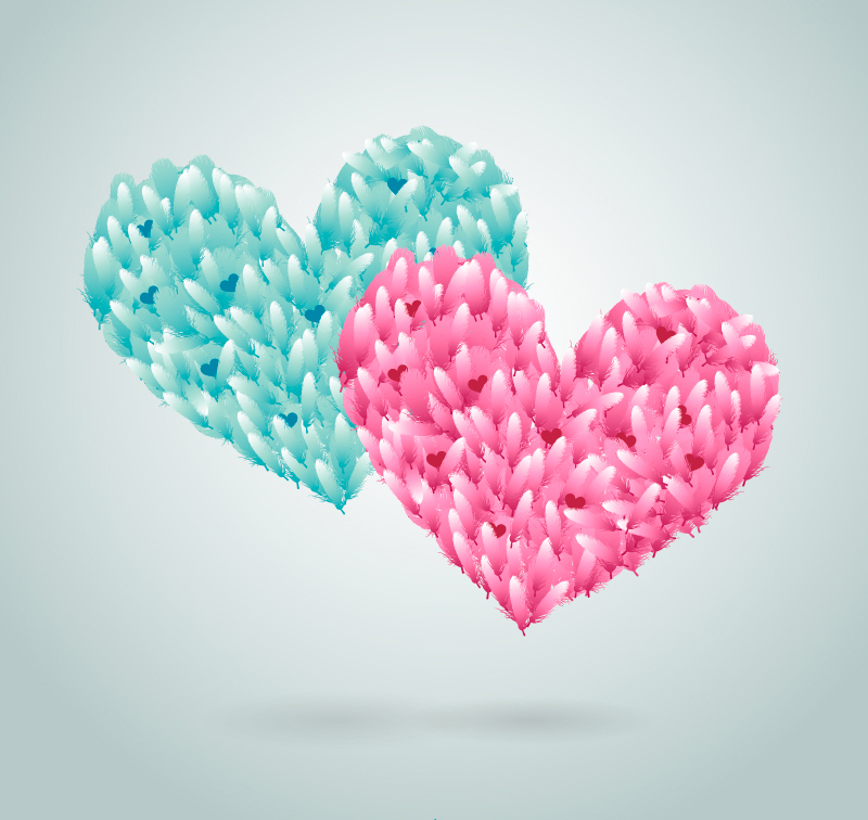 Pink and green feathers love vector material
